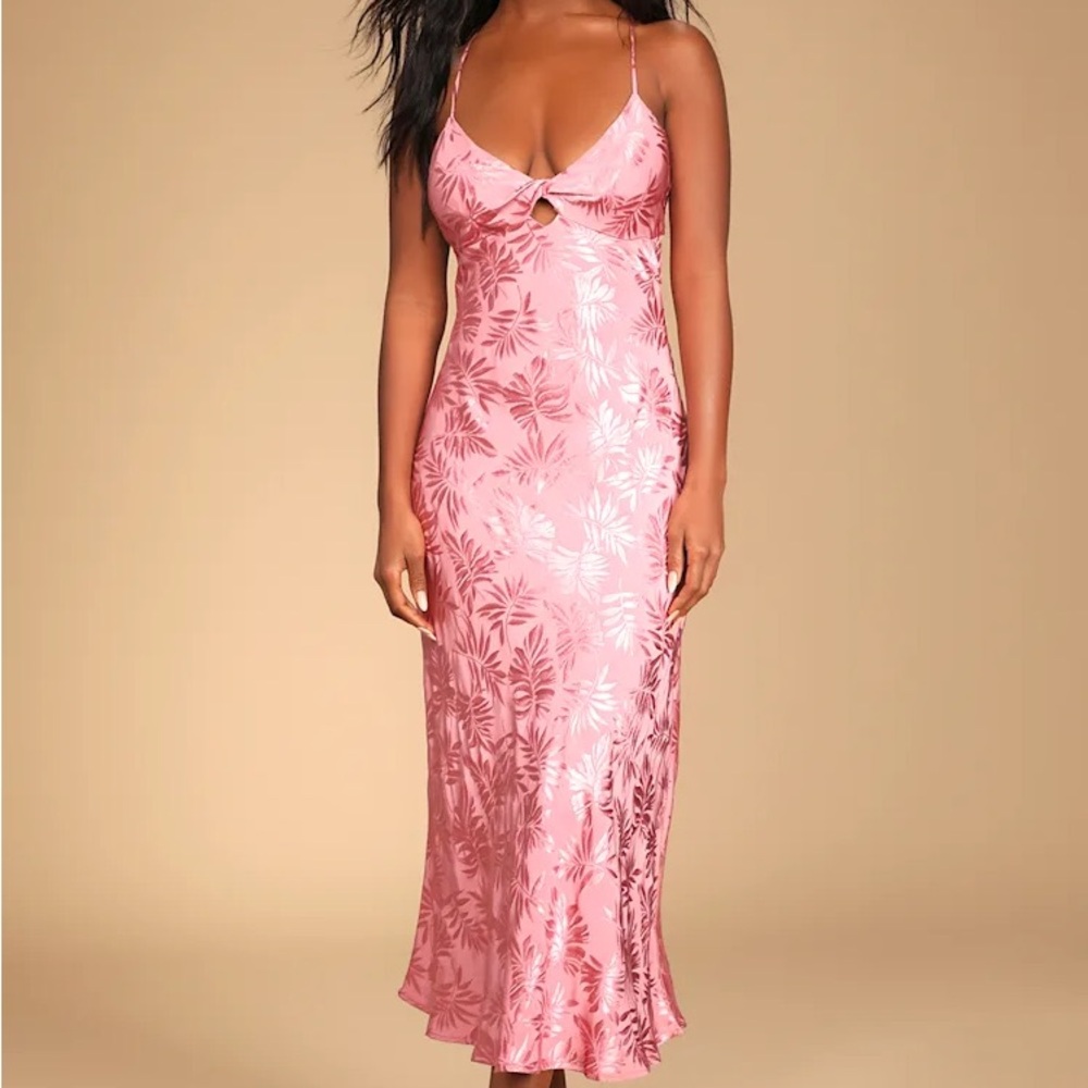 Lulu's Blush Pink Satin Floral Midi Slip Dress with Keyhole